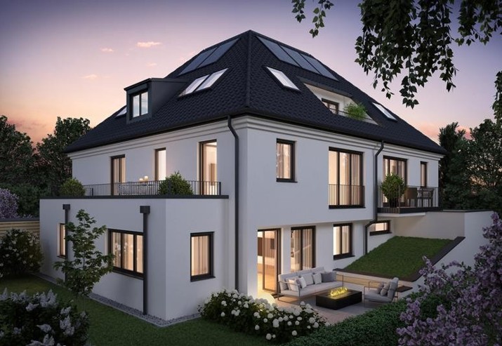 Stra�enansicht bei Nacht Terrassenwohnung M�nchen